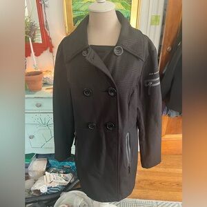Free Country Double Breasted Rain Coat L Black Trench Coat VGUC Water Resistant
